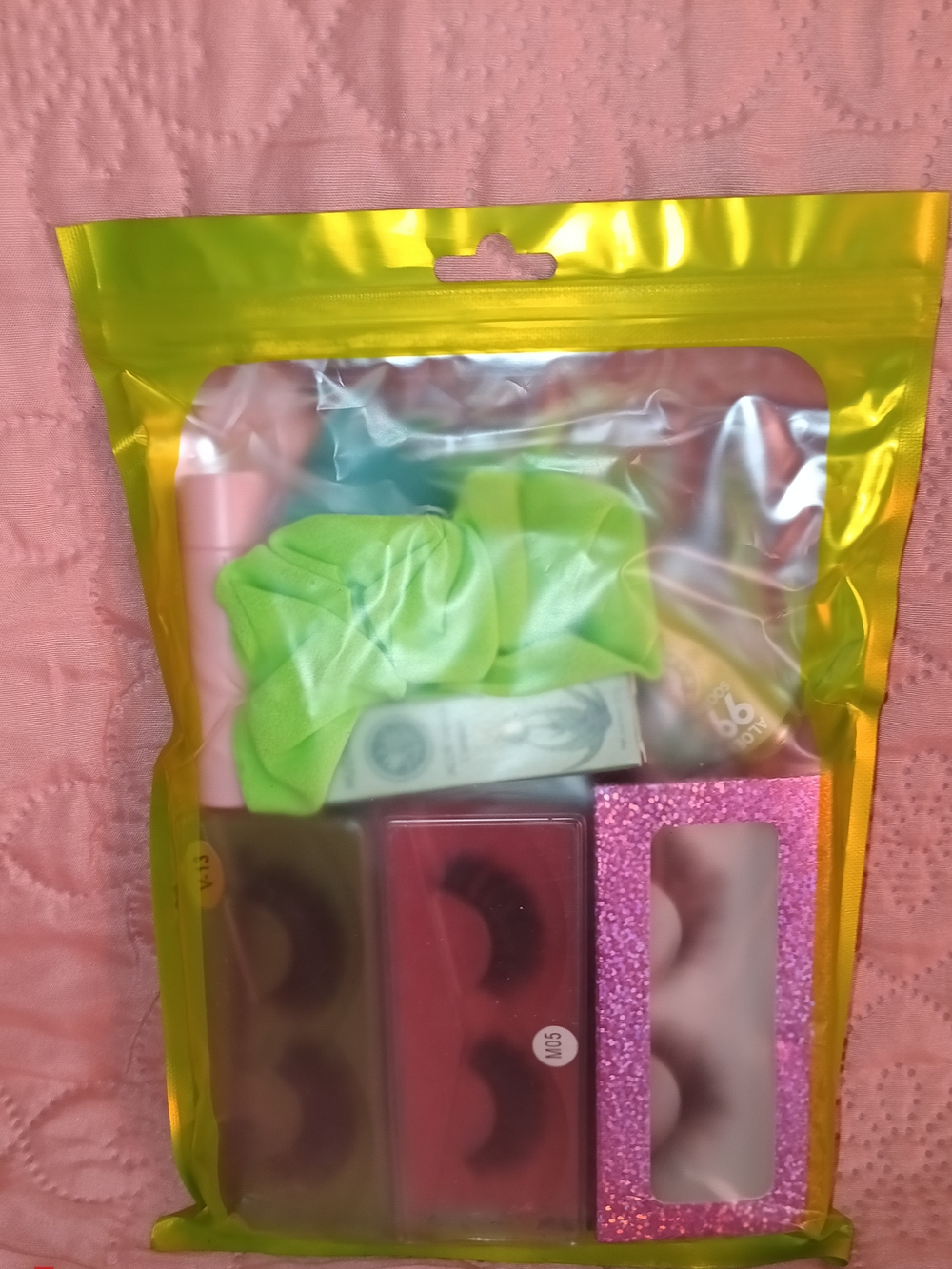 Accessories Set with Bright Green Scrunchie and Pink Accents